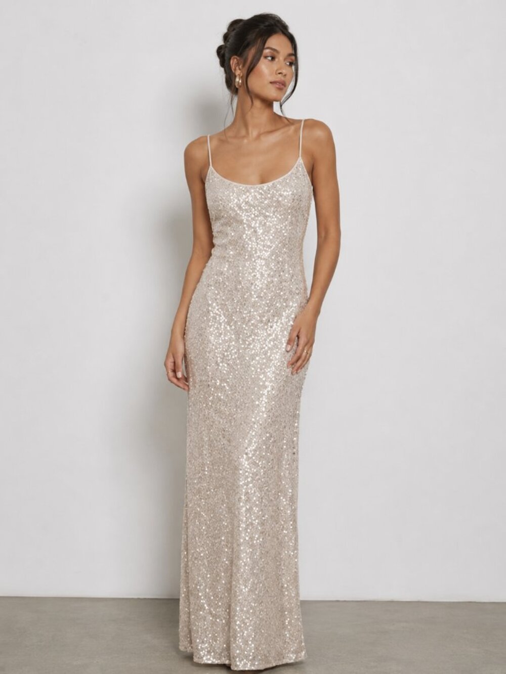 Rumored Sequin Maxi Dress Size XL Champagne Glam Slip Formal Evening Gown